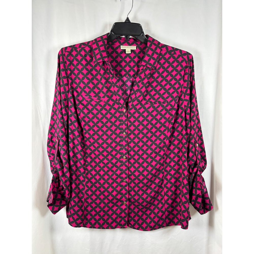 Dana Buchman XXL Pink Black Geometric Medallion Roll Tab Button Up Blouse Top